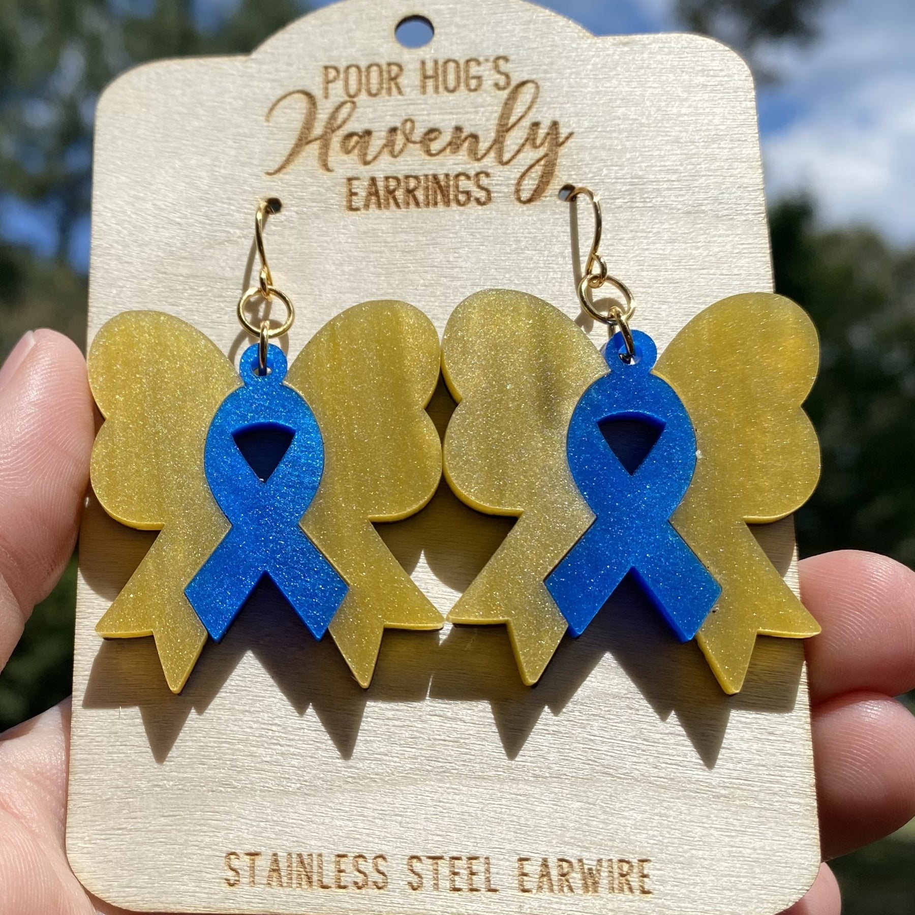 Blue Yellow Ribbon Bow Earrings, Down Syndrome Awareness Jewelry by Poor Hog Customs, handmade jewelry detail photo 5