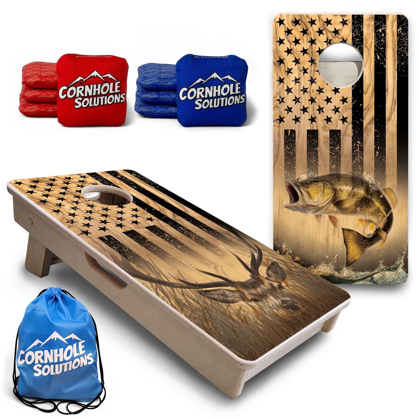 Light Wood Deer & Fish Flag - Mini or Vacation Size Cornhole Boards Cornhole Solutions