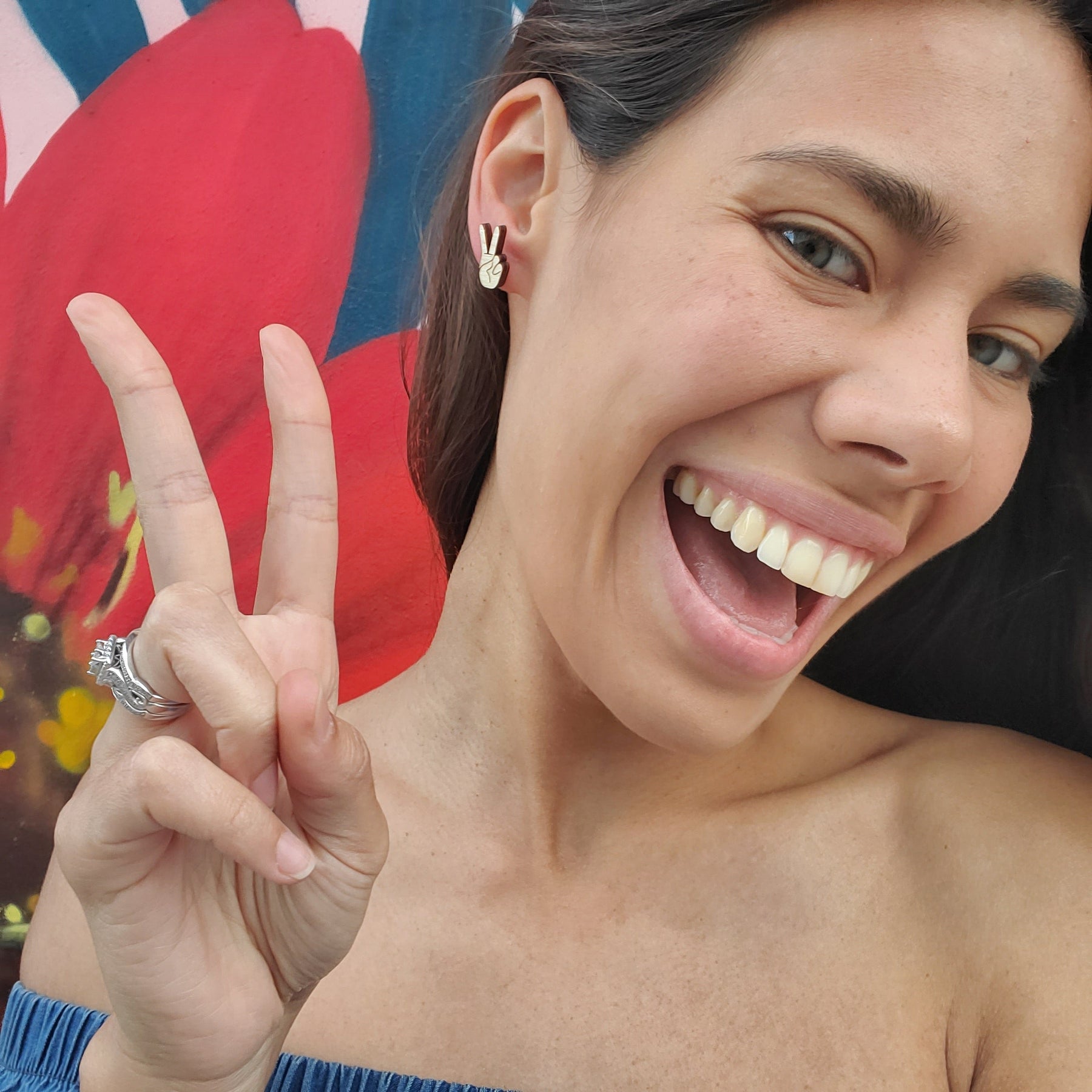 Additional view of Peace Sign Stud Earrings hand painted on lightweight wood by LE CHIC MIAMI