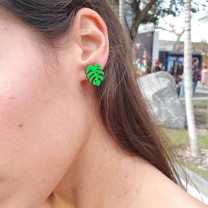 Additional view of Monstera Stud Earrings, 4 Colors Available hand painted on lightweight wood by LE CHIC MIAMI