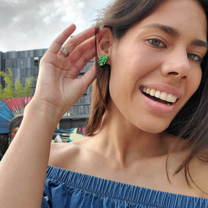 Additional view of Monstera Stud Earrings, 4 Colors Available hand painted on lightweight wood by LE CHIC MIAMI