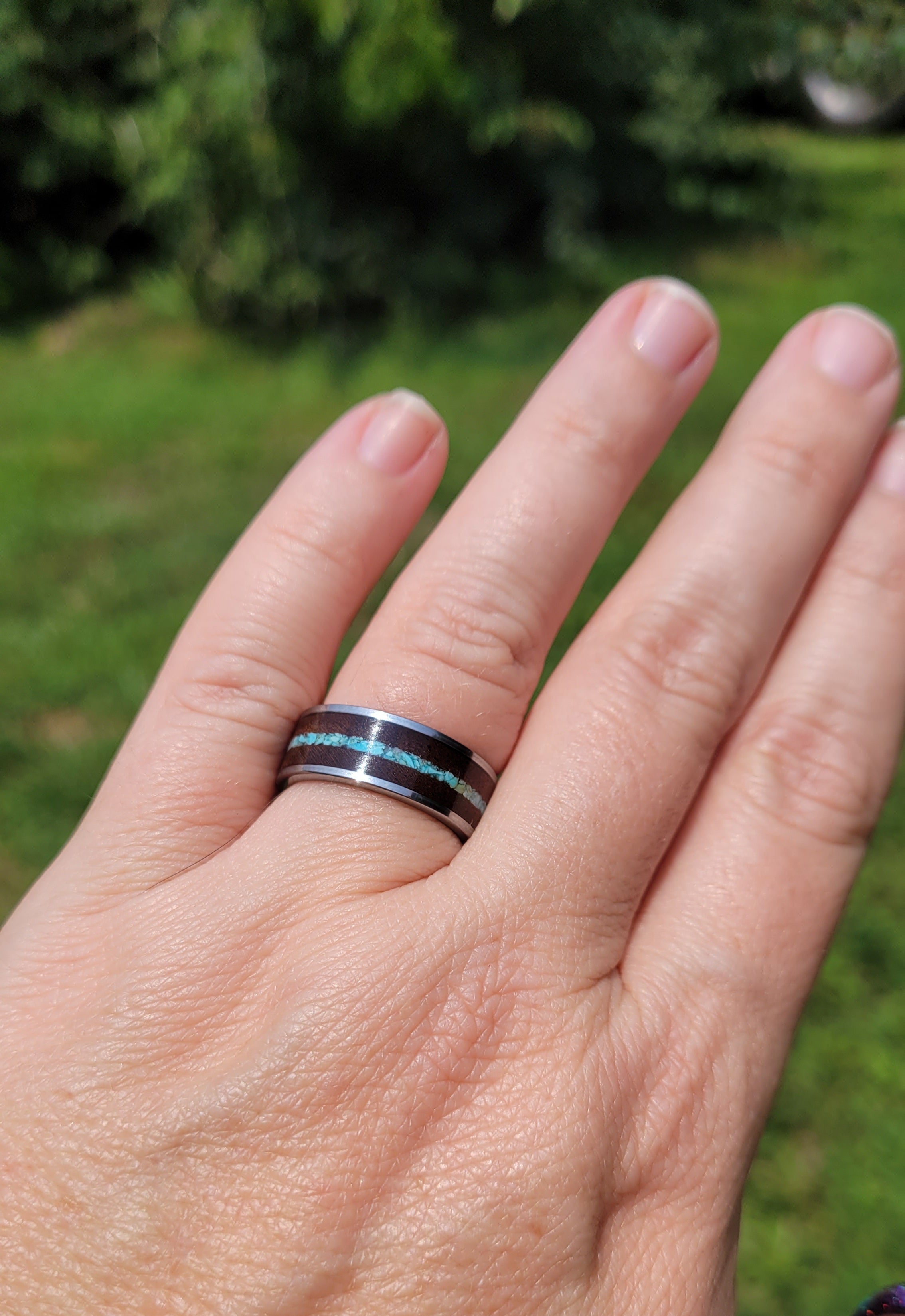 Turquoise and Walnut Wedding Band by Cotton Street Art Company, handmade ring detail photo 2