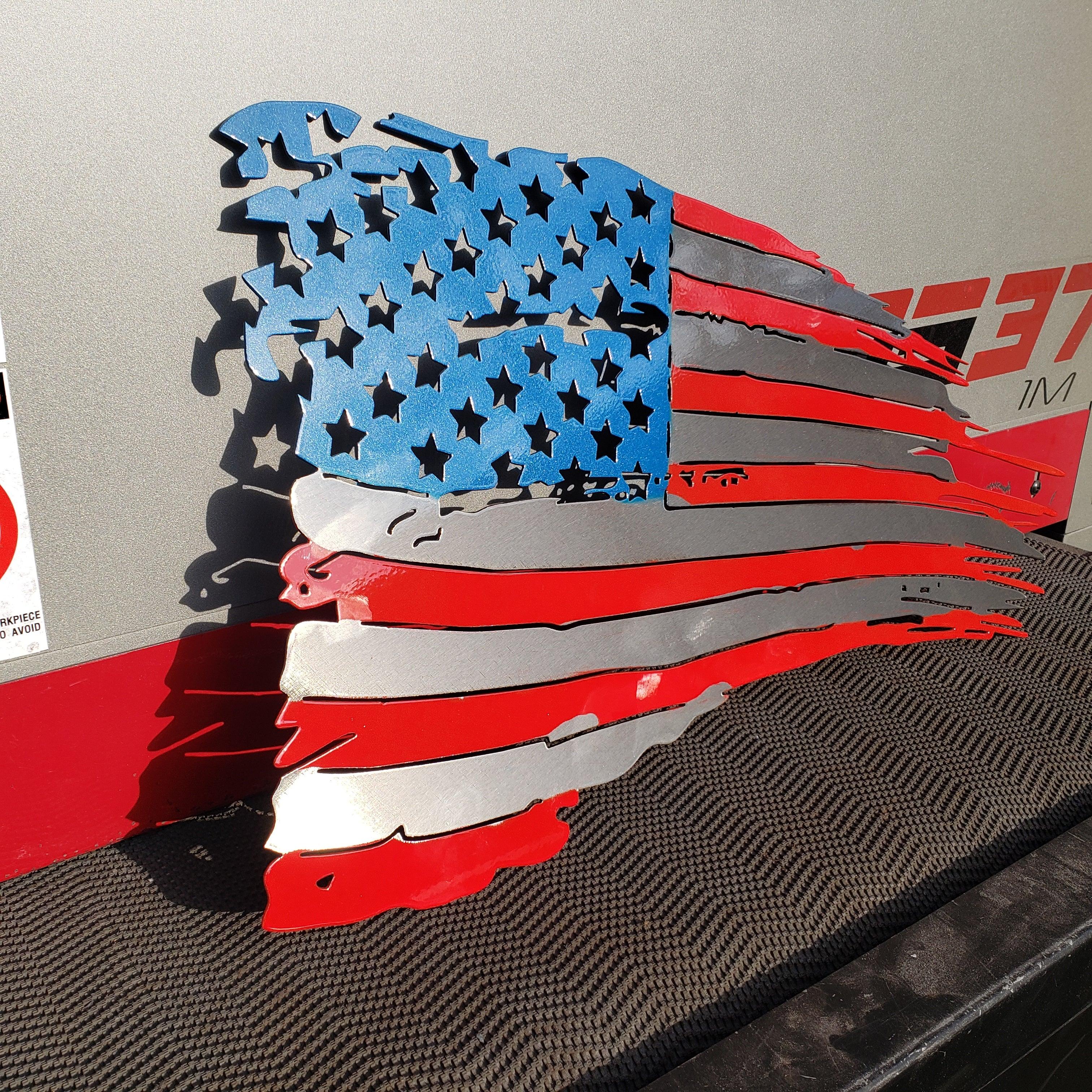 Tattered American Flag Metal Wall Art – Plasma Cut 24"x14" – Patriotic Decor – Color or Heat Treated Finish