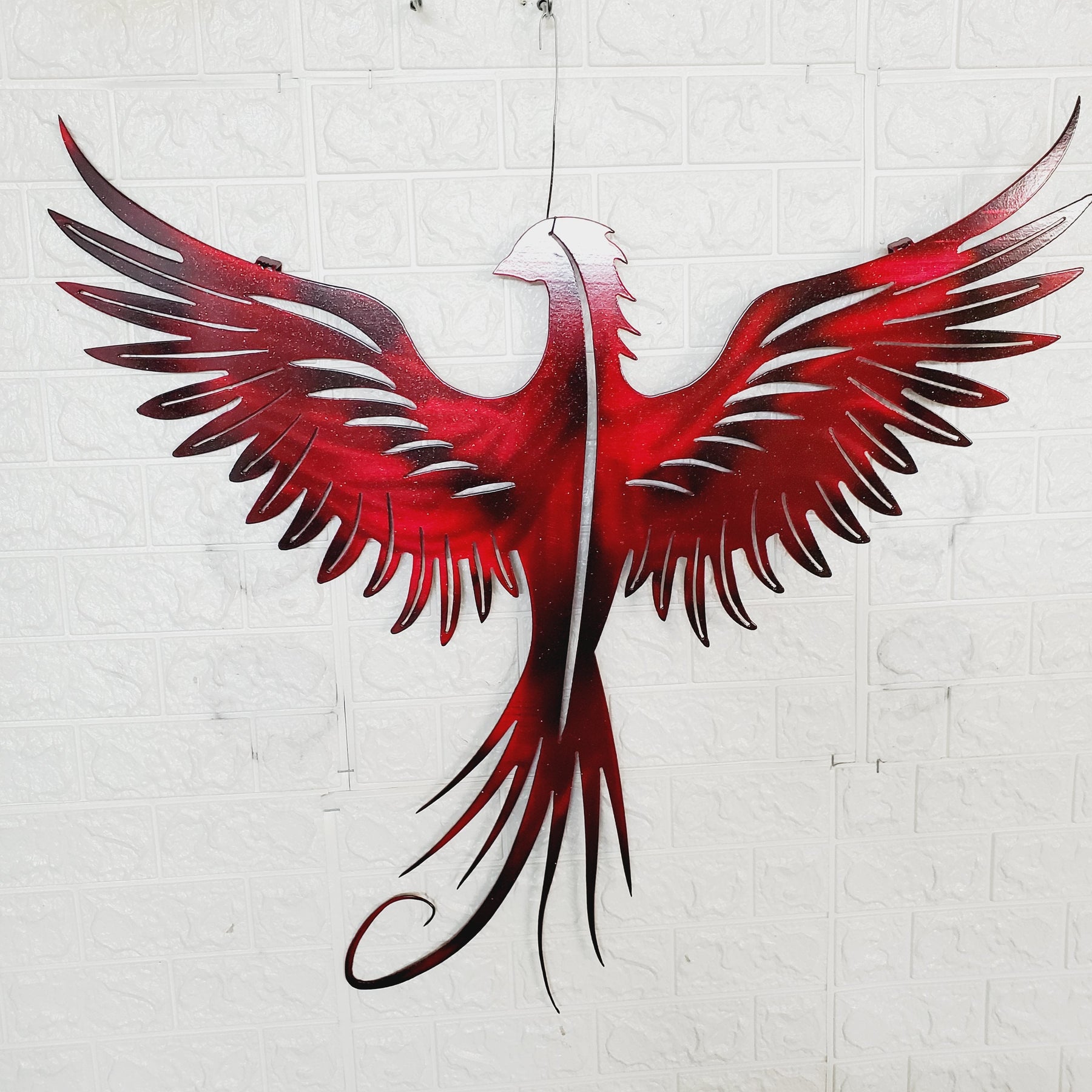 Phoenix Metal Wall Art – 23x23 Inch Plasma Cut Steel Wall Decor with Translucent Blue or Red Powder Coat – Sun Catching Home Accent