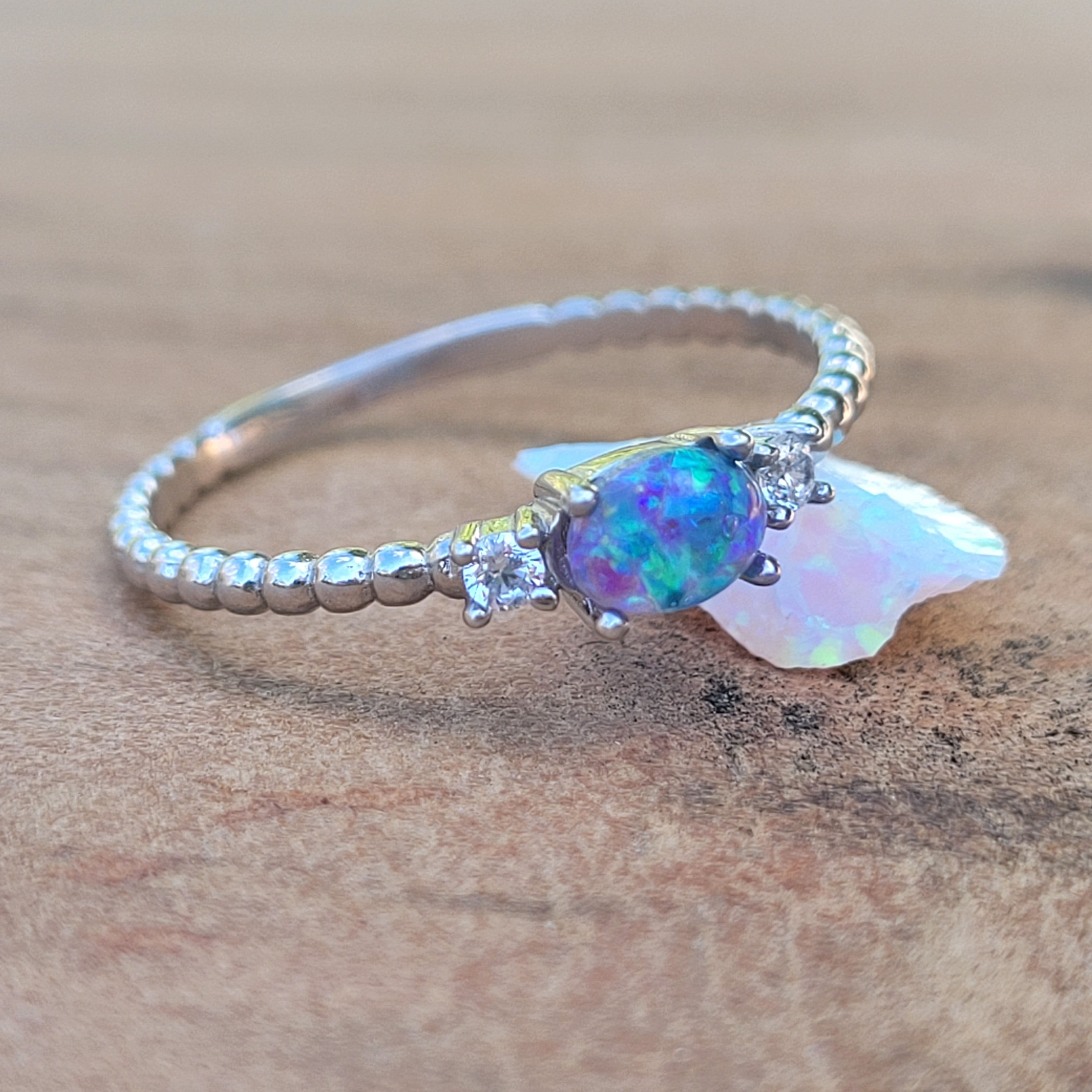 Stackable Memory Opal Ring Made w/ Cremation Ash, Dirt, Hair, or Sand by Cotton Street Art Company, handmade jewelry main product photo