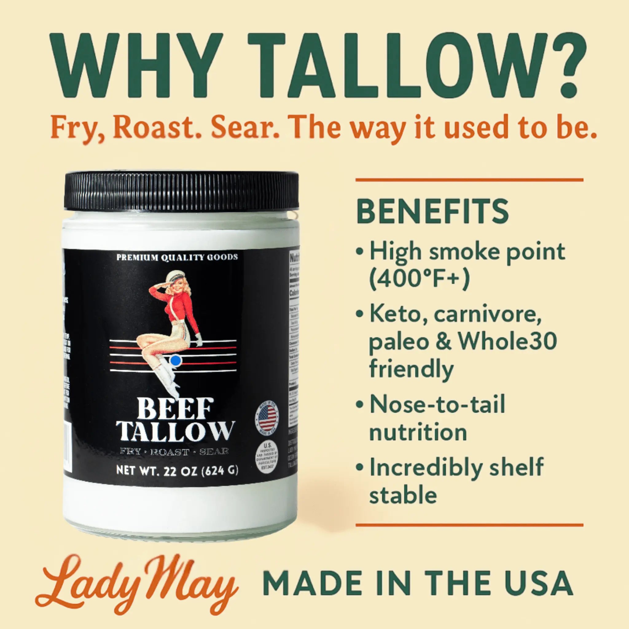 22oz Premium Grass-Fed Beef Tallow | Restaurant-Proven Cooking Fat | Seed Oil-Free The Lady May