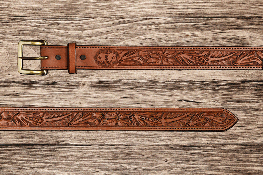 Saddle Tan Floral Belt 48 by Texas Saddlery, handmade leather goods main product photo
