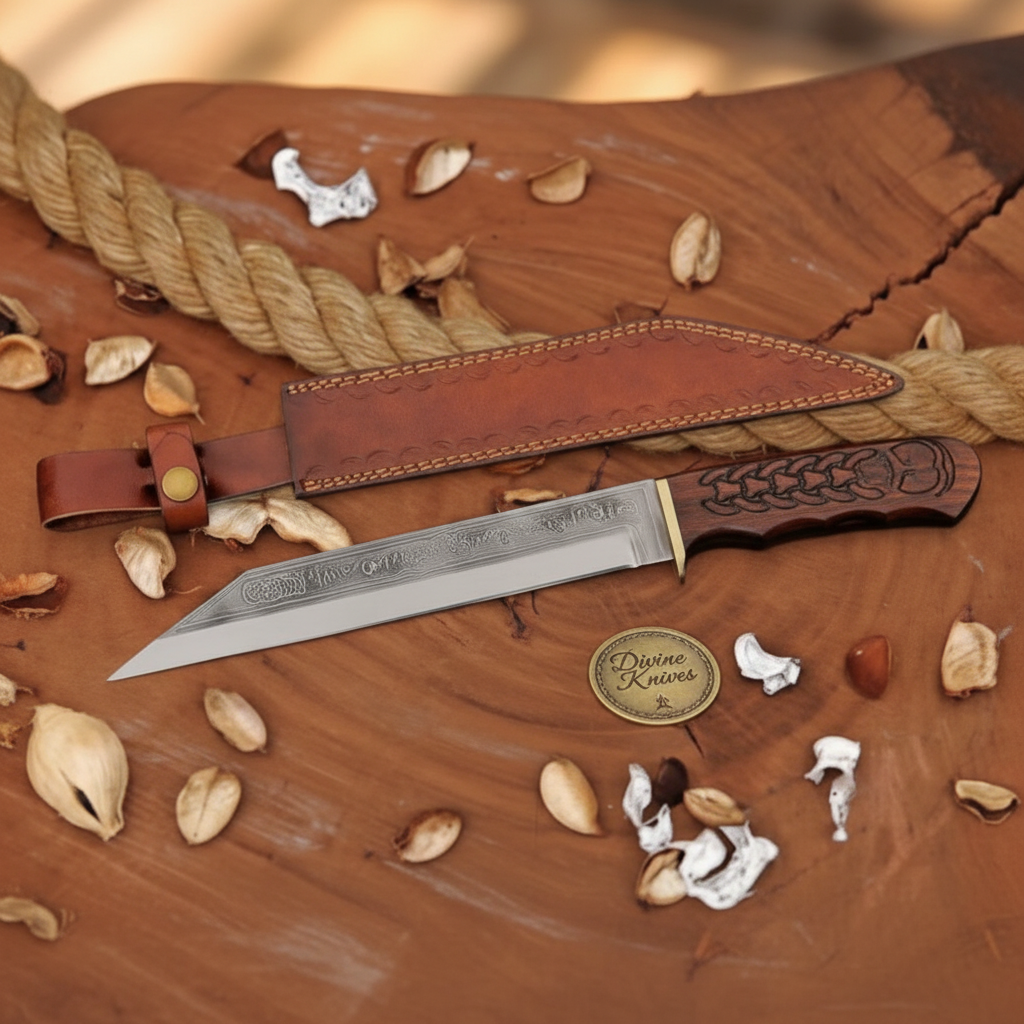 Engraved Rosewood Seax Knife with Long Tanto Style Blade and Hand Tooled Sheath by Divine Knives — product view 1