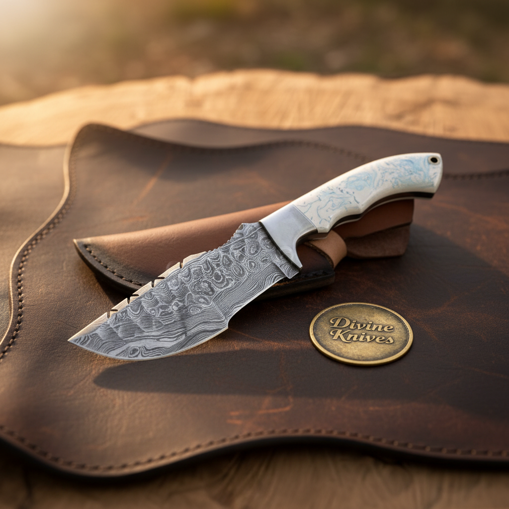 White Resin Tom Brown Tracker Knife with Damascus Blade by Divine Knives — product view 2