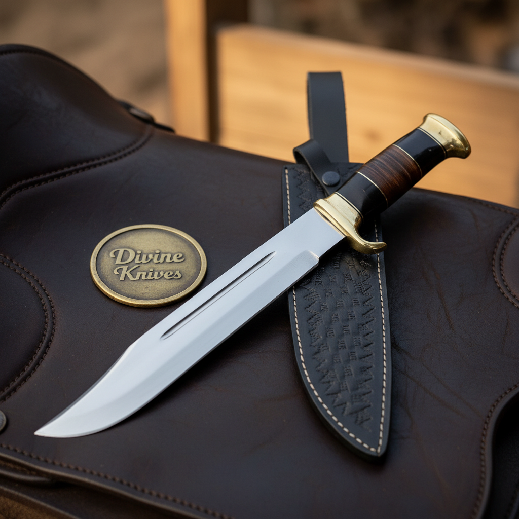 Stacked Leather Handle Bowie Knife with Fullered Mirror Blade and Black Tooled Sheath by Divine Knives — product view 2