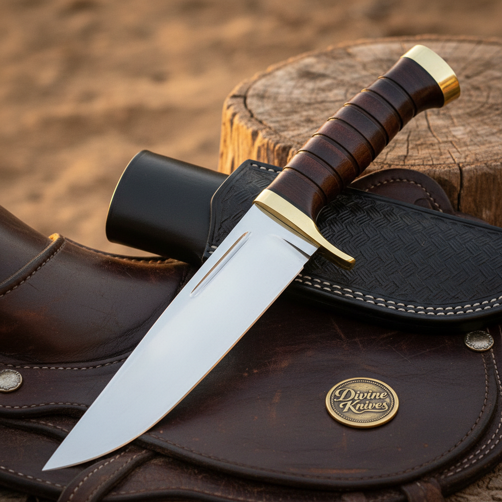Stacked Leather Grip Camp Bowie Knife by Divine Knives