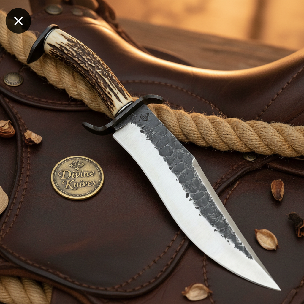 Hammered Coffin Antler Clip-Point Bowie with Angular Grip by Divine Knives — product view 2