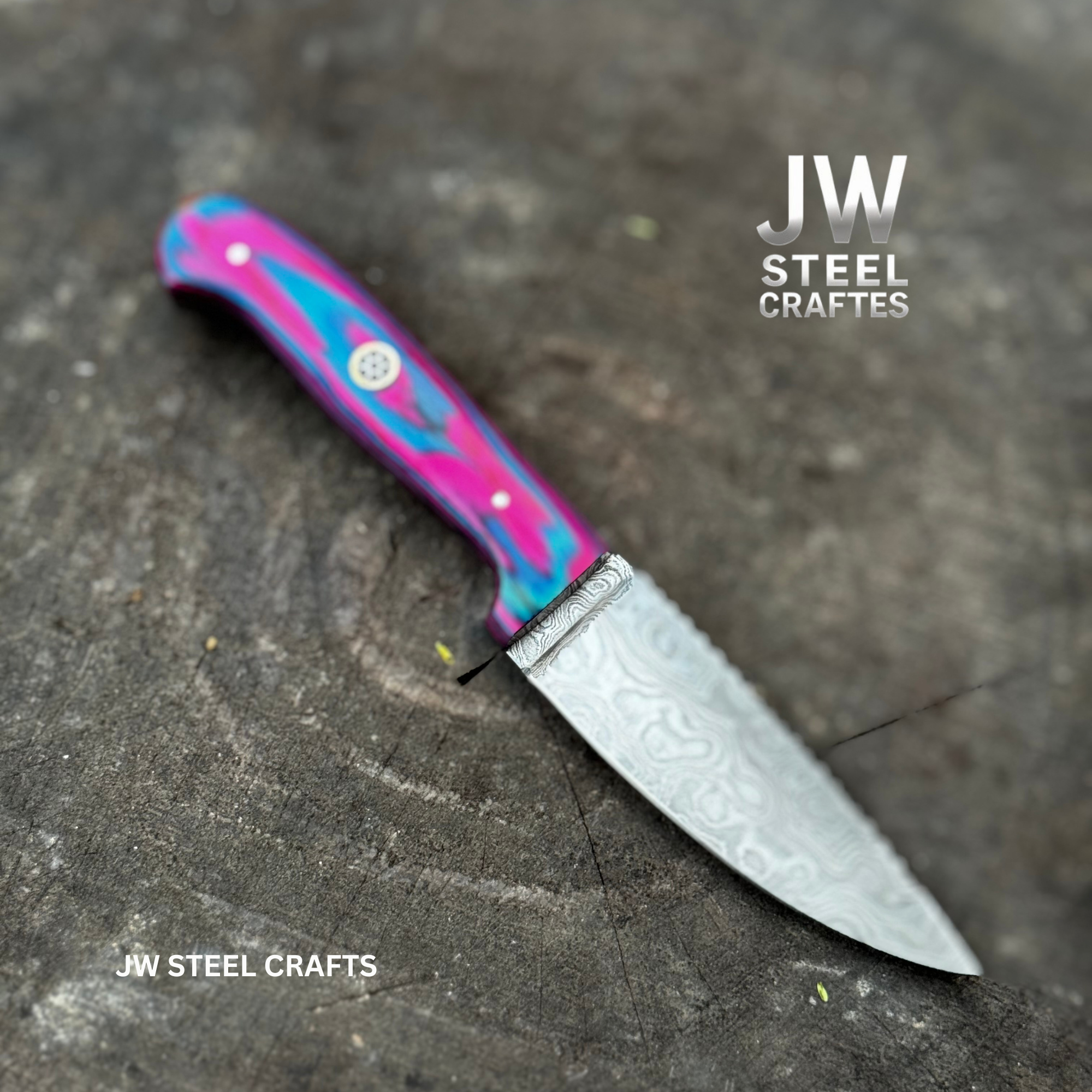 Twilight Resin Bushcraft Knife 8" Pink & Blue Pakka Wood Handle | JW SteelCrafts