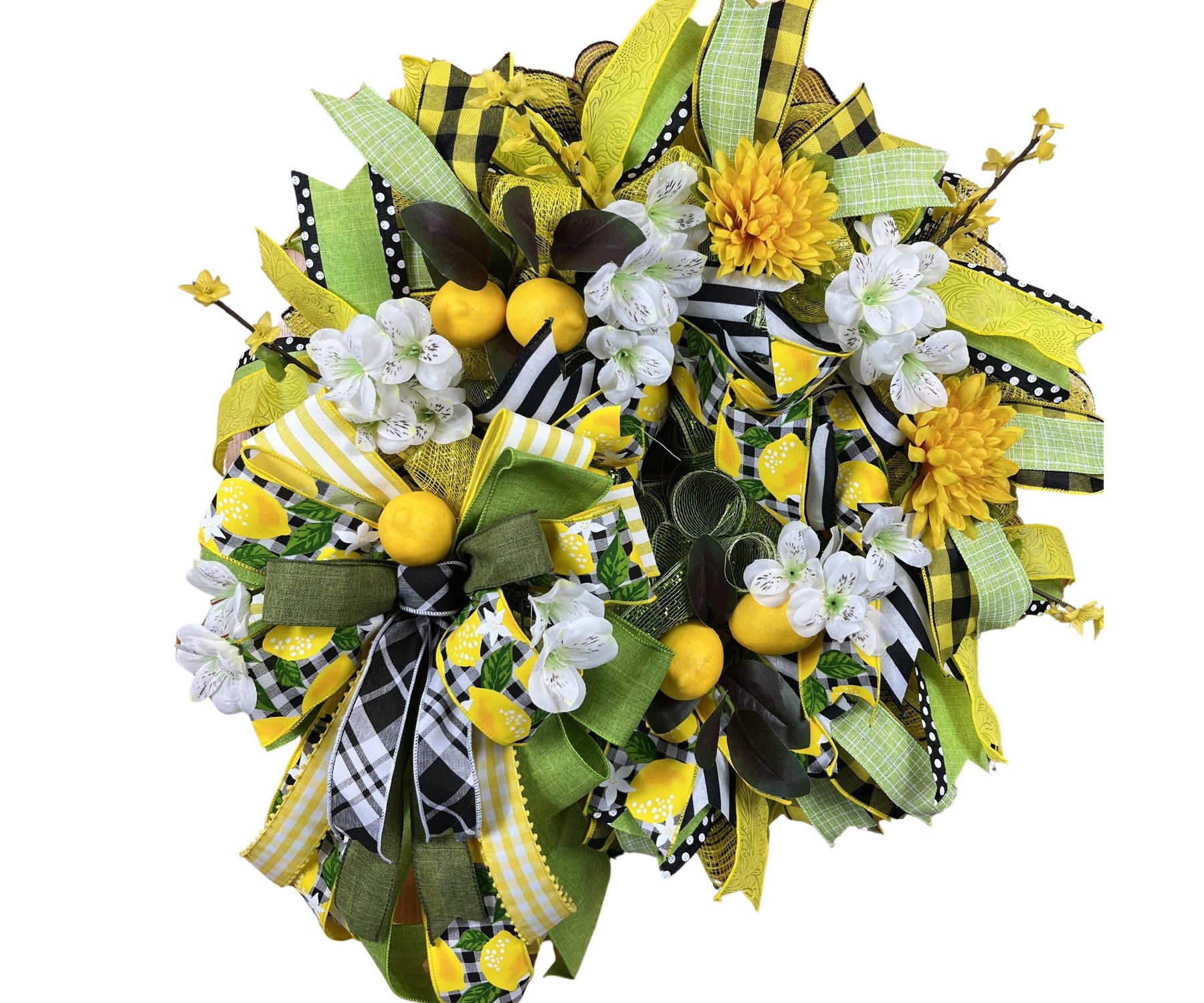 Lemon Front Door Wreath | Farmhouse Gingham Decor by Bouge Creations, view 3