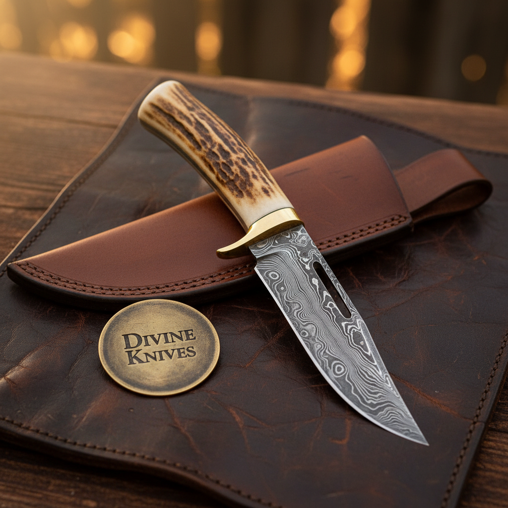 Stag Antler Skinning Knife with Hand Forged Curved Blade & Leather Belt Sheath by Divine Knives — product view 2