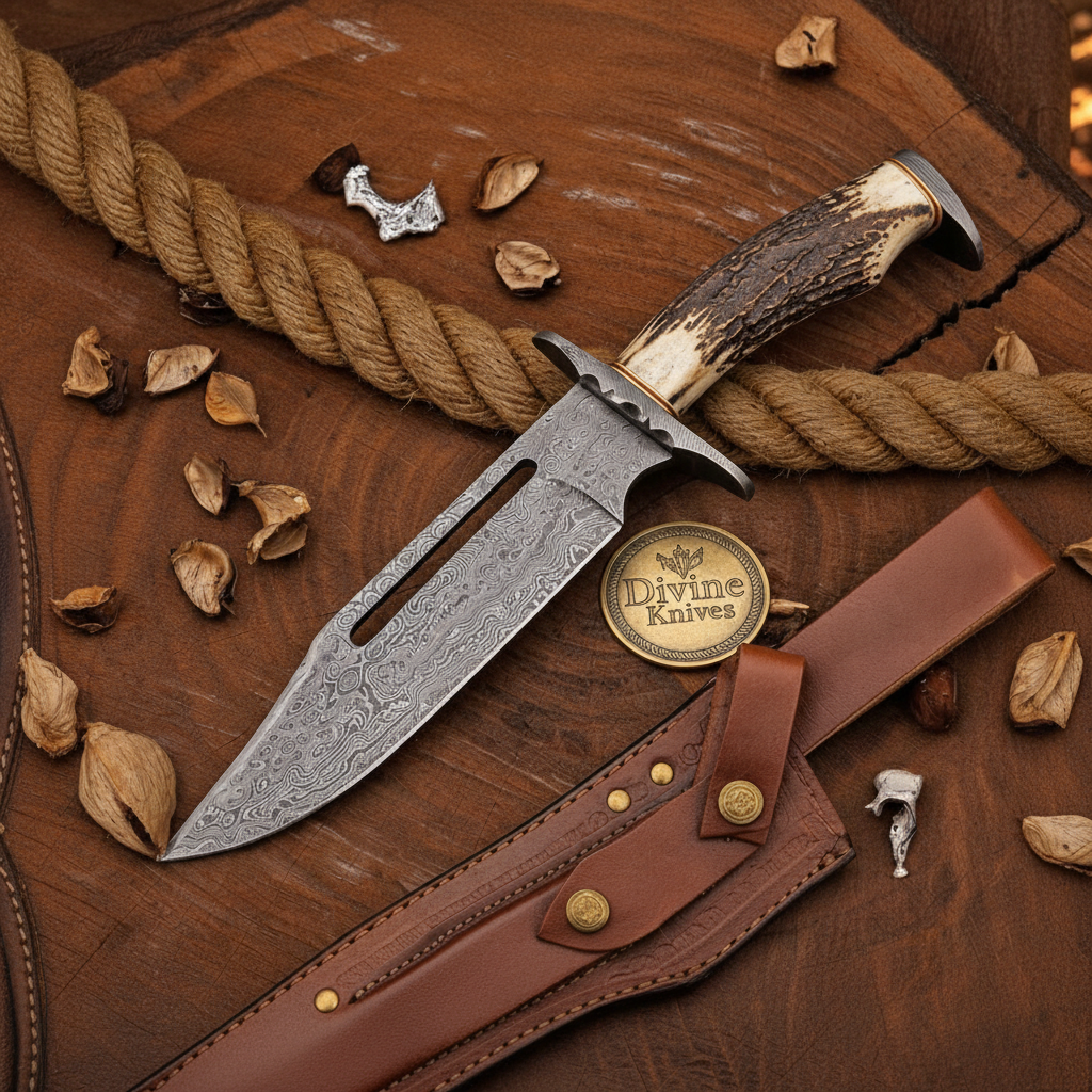 Staghorn Damascus Rambo Bowie with Dual Slots for Heavy Field Work by Divine Knives — product view 1