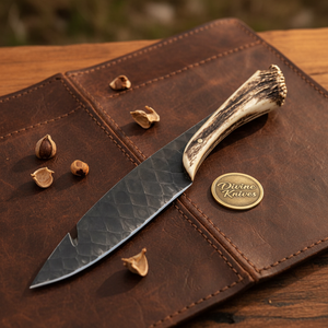 Hand Forged Field Dressing Knife with Blackened Carbon Steel Blade and Stag Crown Grip by Divine Knives — product view 1