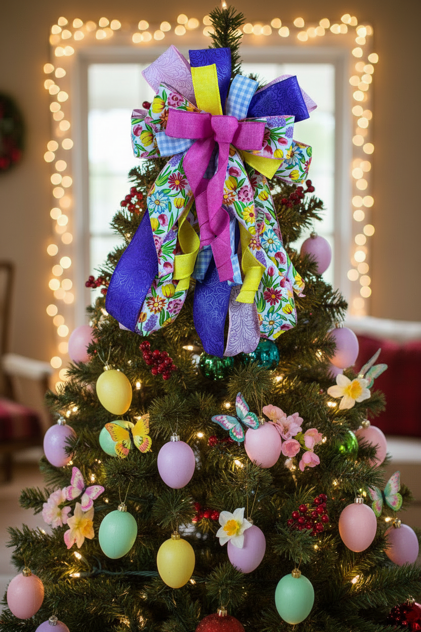 Spring Floral Wreath Bow | Door Decor with Pink, Yellow & Purple Ribbon