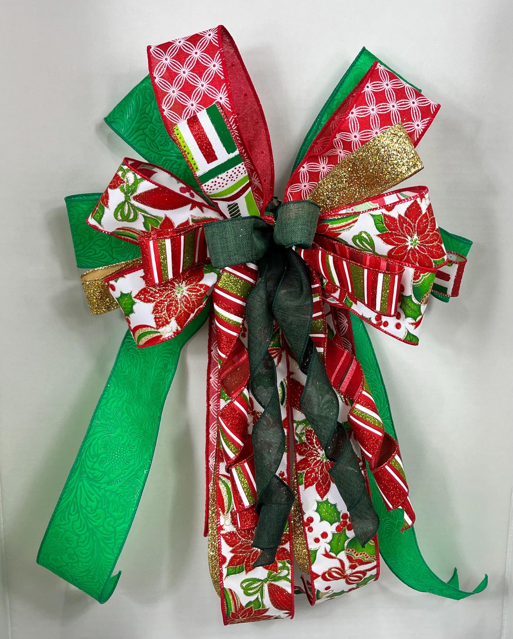 Christmas Poinsettia Bow | Red, Green & Gold Tree Topper by Bouge Creations, view 6