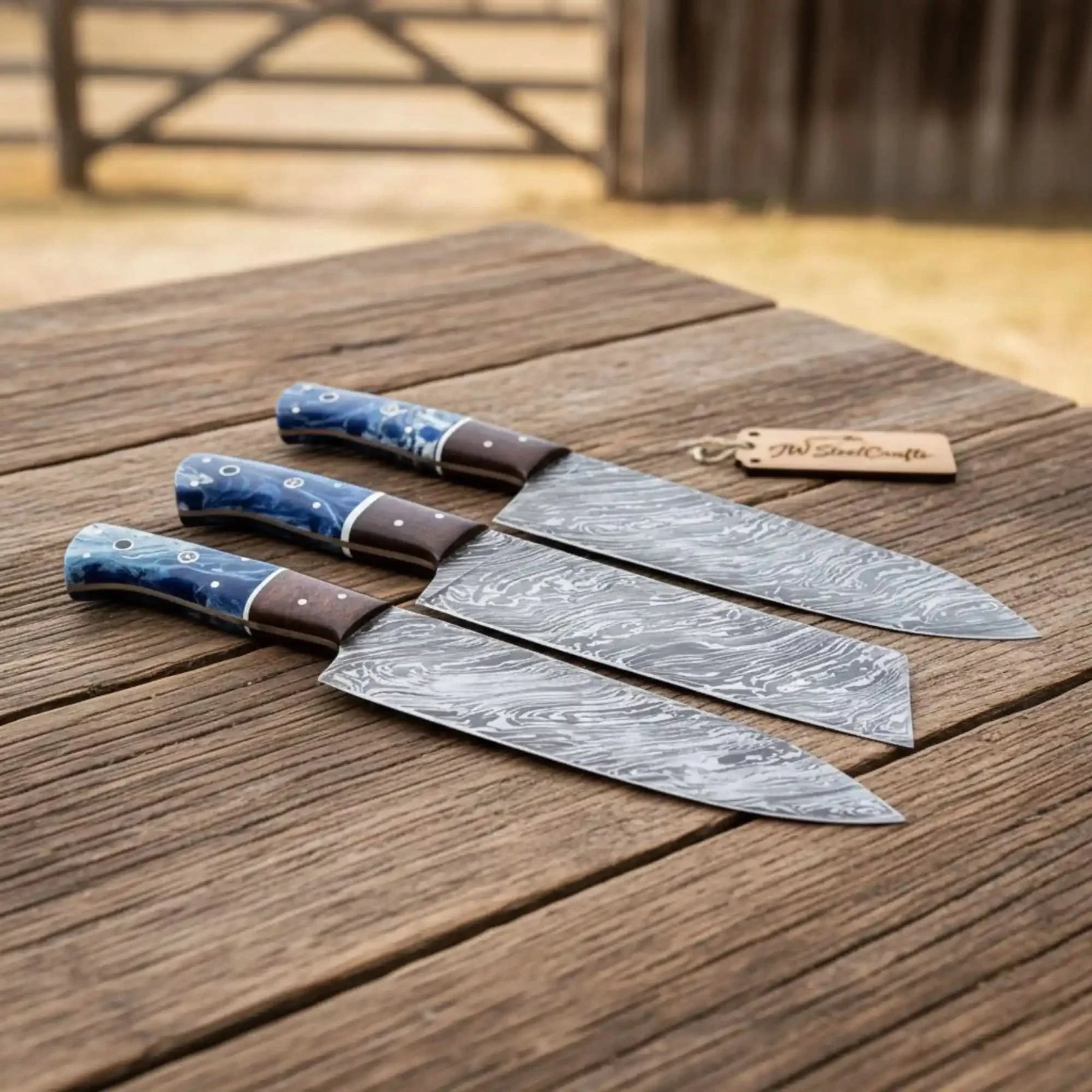 Handmade Damascus Steel Chef Knife Set, 3 Piece Kitchen Knife Set with Resin and Wood Handles, Professional Cooking Knives with Leather Roll, Custom Chef Gift Set JW SteelCrafts