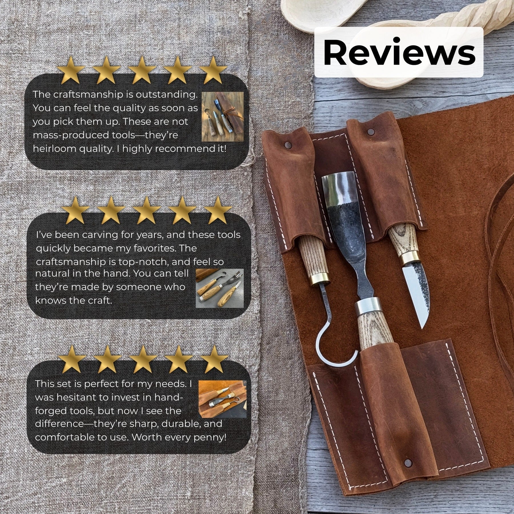 3-Piece Spoon Carving Set with Leather Roll