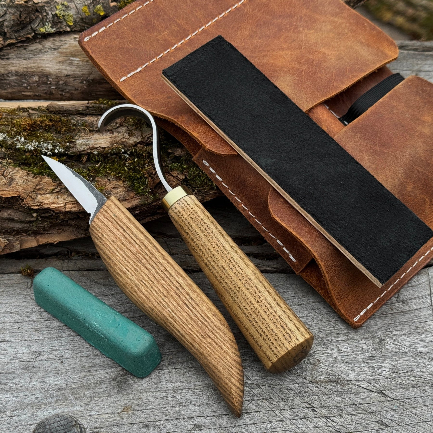 3-Piece Wood Carving Knife Set – Whittling Knife, Hook Knife & Leather Strop