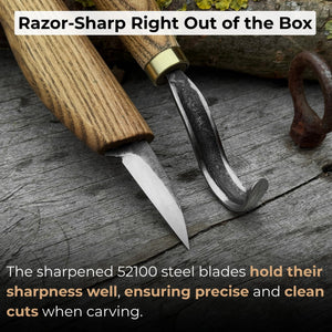 3-Piece Wood Carving Knife Set – Whittling Knife, Hook Knife & Leather Strop