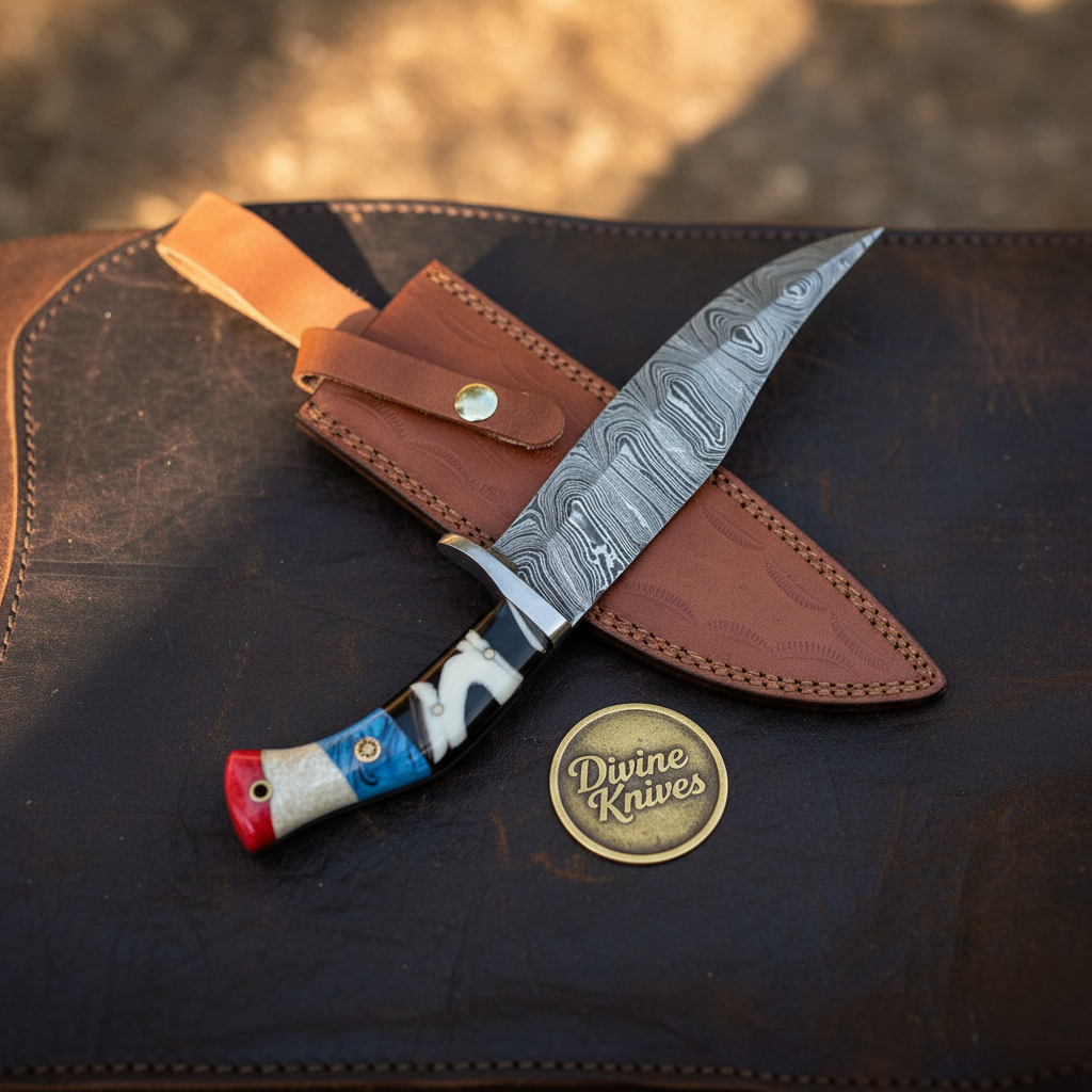 Colored Resin Handle Bowie Knife with Hand Forged Clip Point Blade and Belt Sheath by Divine Knives — product view 1