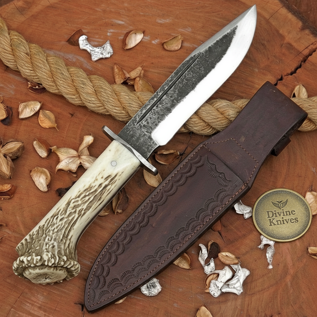 Crown Stag Hammered Crossguard Bowie Knife with Natural Antler Handle by Divine Knives — product view 1