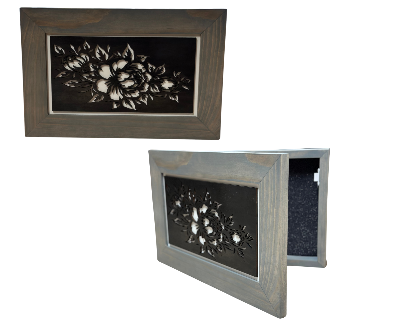 Peony Gray hidden gun cabinet by Bellewood Designs shown closed