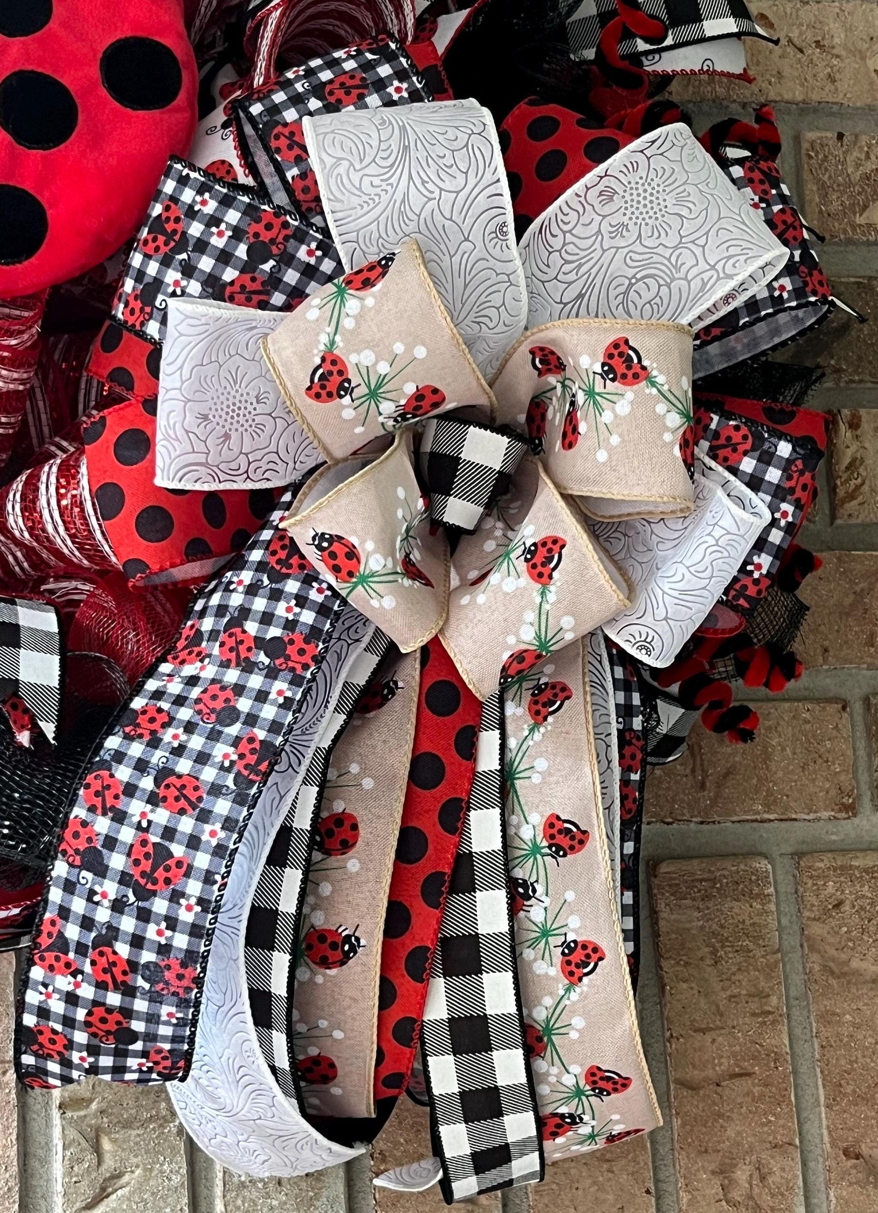 Ladybug Spring Wreath | Red & Black Mesh Door Decor by Bouge Creations, view 3
