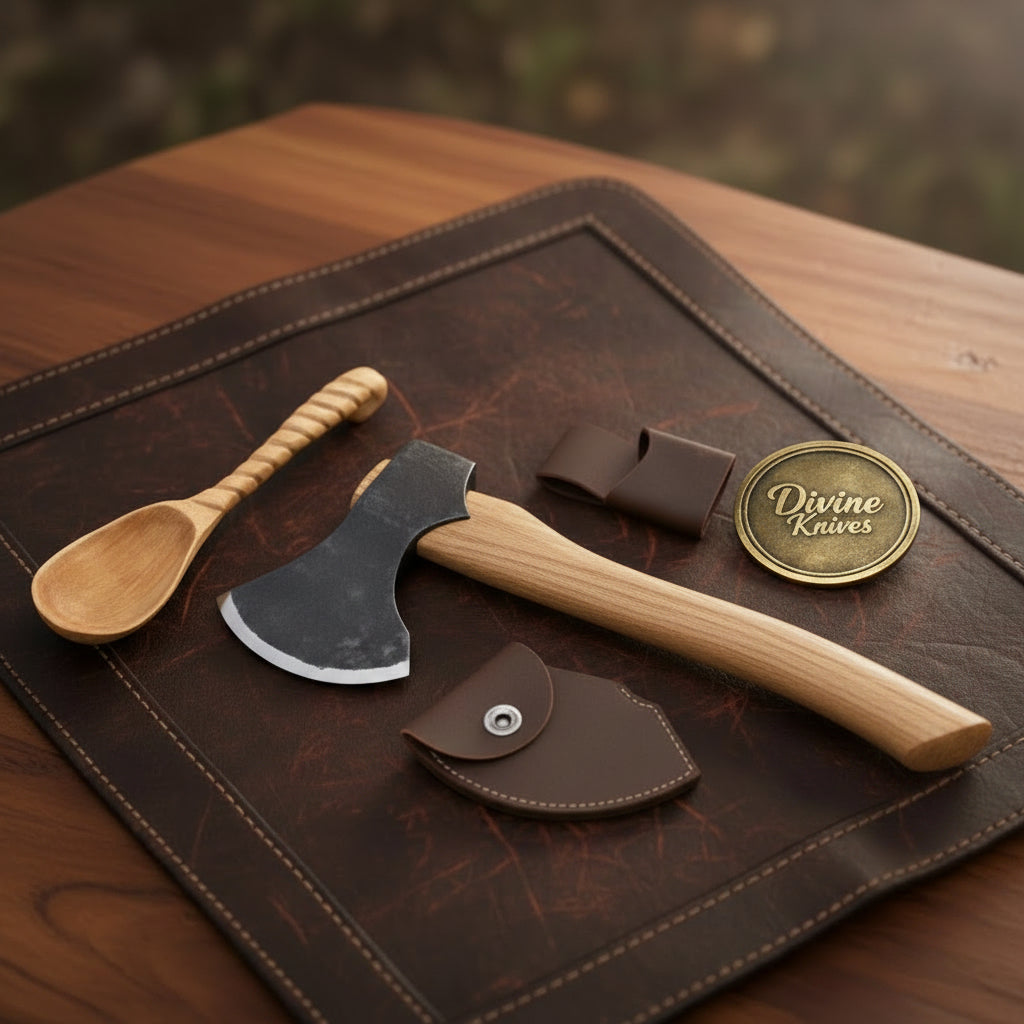 Bushcraft Carving Hatchet with Hickory Wood Handle & Leather Blade Sheath by Divine Knives — product view 1
