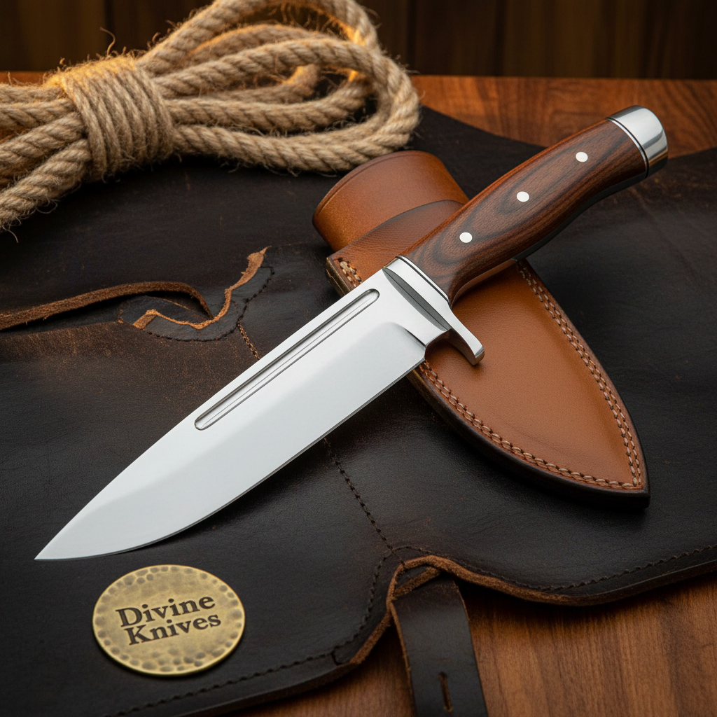 Rosewood Fuller Blade Drop Point Bowie with Classic Wood by Divine Knives — product view 1