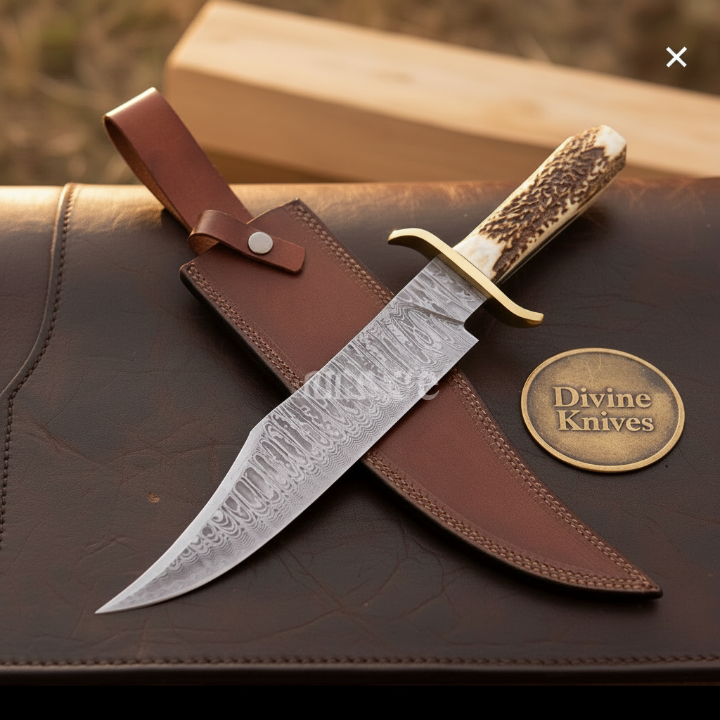 Stag Horn Damascus Clip-Point Bowie with Natural Antler Grip by Divine Knives — product view 1