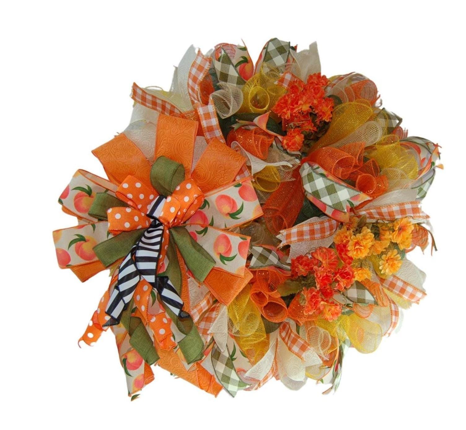 Peach & Orange Fall Wreath | Polka Dot Bow Door Decor by Bouge Creations, view 5