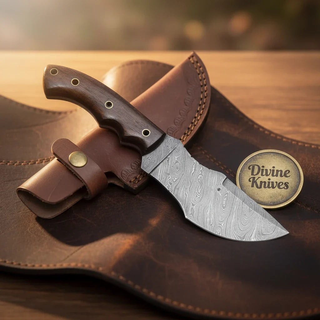 Dark Rosewood Damascus Tracker Knife by Divine Knives