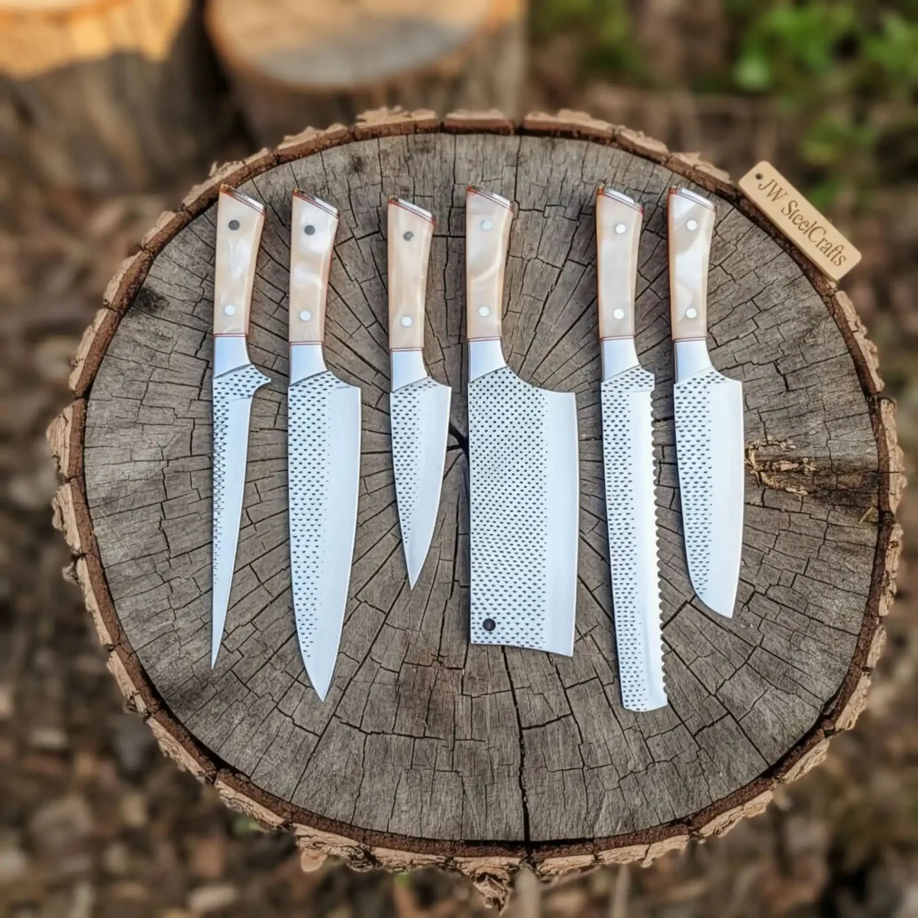 6-Piece Rasp Steel Kitchen Knife Set — Dimple Textured Blades, Cream Resin Handles, Copper Bolsters & Steel Pommels by JW SteelCrafts, Damascus knife detail photo 3