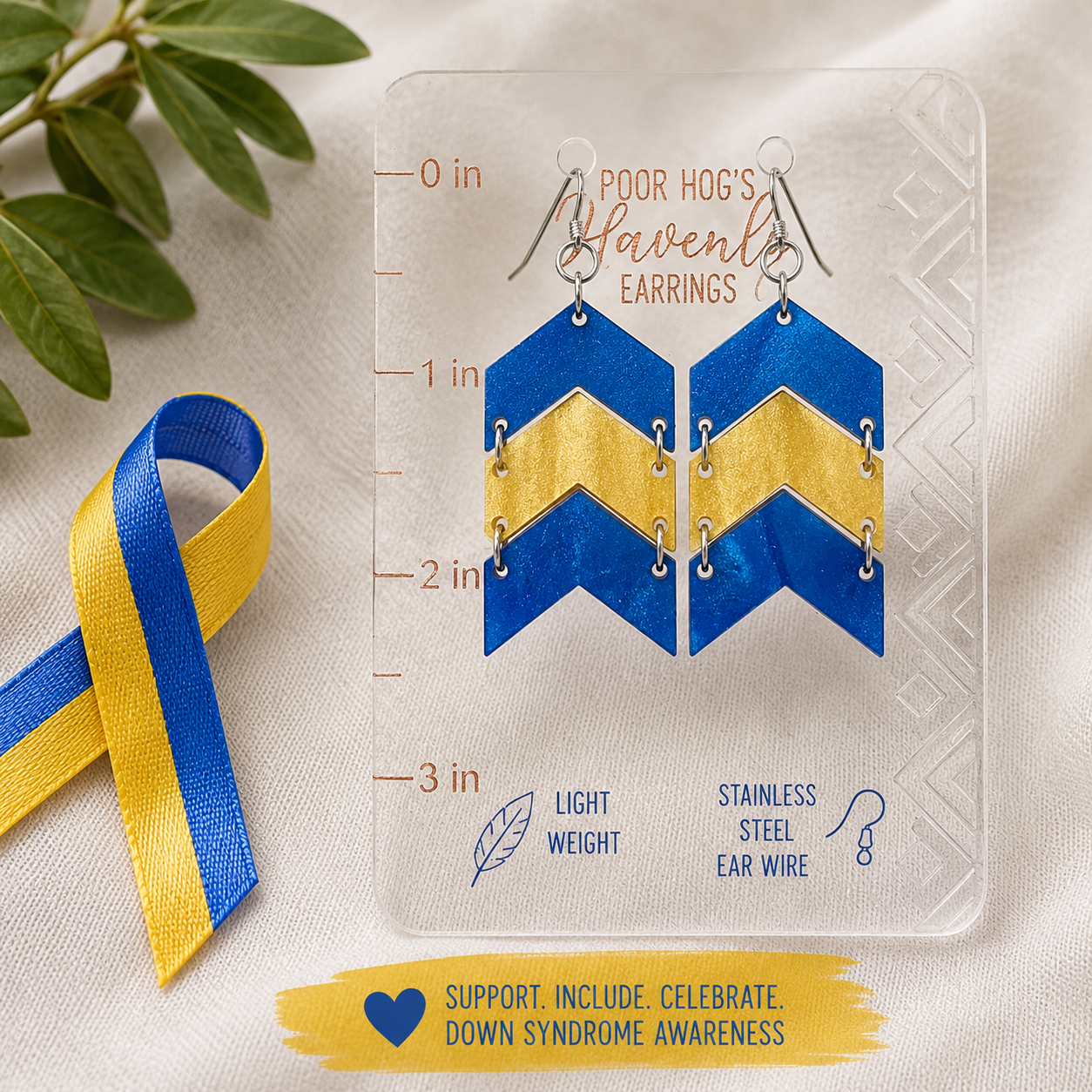 Blue Yellow Chevron Earrings, Down Syndrome Awareness Jewelry by Poor Hog Customs, handmade jewelry detail photo 4
