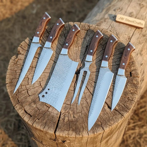 6-Piece Rasp Steel Kitchen Knife Set with Carving Fork — Natural Wood Red Spacer Handles, Steel Bolsters, 7 to 13 Inch by JW SteelCrafts, Damascus knife detail photo 3