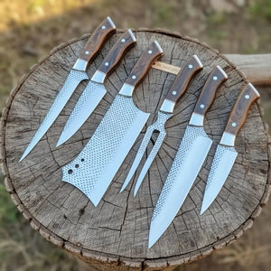 6-Piece Rasp Steel Kitchen Knife Set with Carving Fork — Natural Wood Red Spacer Handles, Steel Bolsters, 7 to 13 Inch by JW SteelCrafts, Damascus knife main product photo