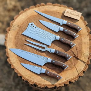 6-Piece Rasp Steel Kitchen Knife Set with Carving Fork — Natural Wood Red Spacer Handles, Steel Bolsters, 7 to 13 Inch by JW SteelCrafts, Damascus knife detail photo 4