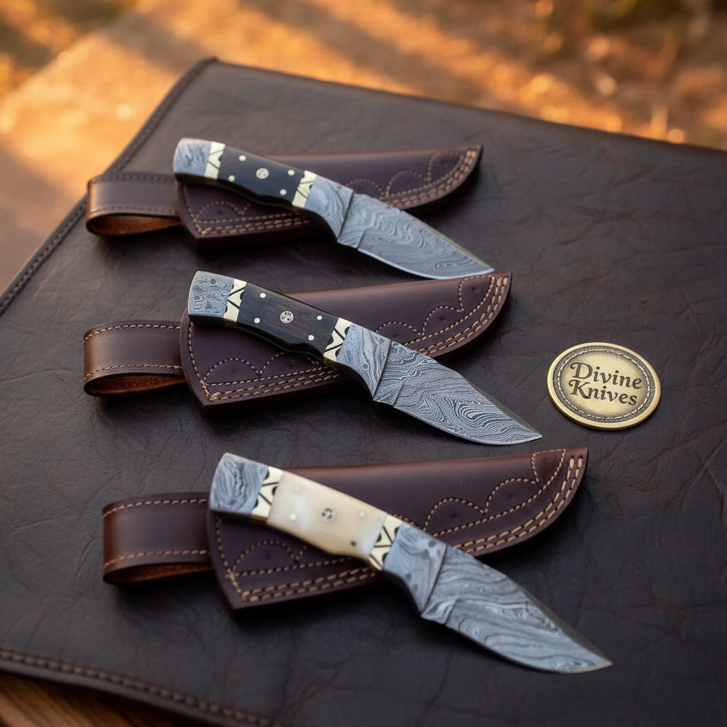 Damascus Pocket Skinner Set with Three Compact Blades by Divine Knives — product view 1