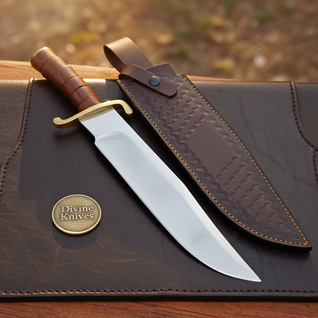 Brown Wood D2 Steel Clip Point Bowie with Ridged Grip by Divine Knives — product view 1