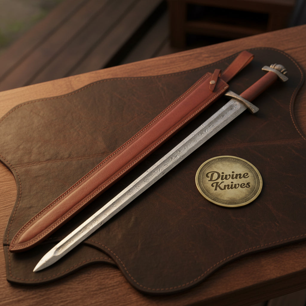Leather Wrapped Viking Sword with Forged Crossguard and Hand Stitched Tan Scabbard by Divine Knives — product view 1