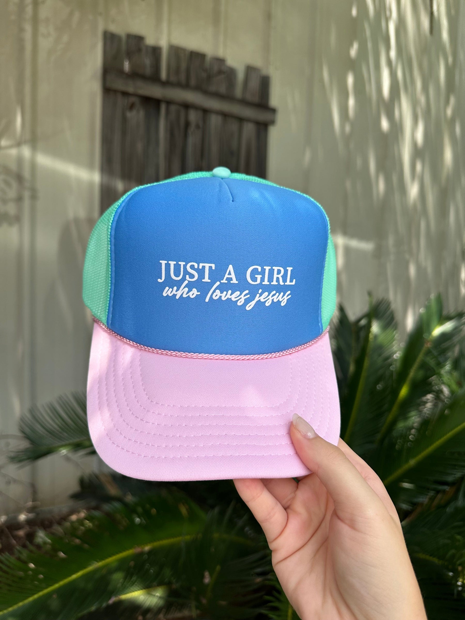 Just A Girl Who Loves Jesus Multi-Trucker Hat (Carolina Blue)