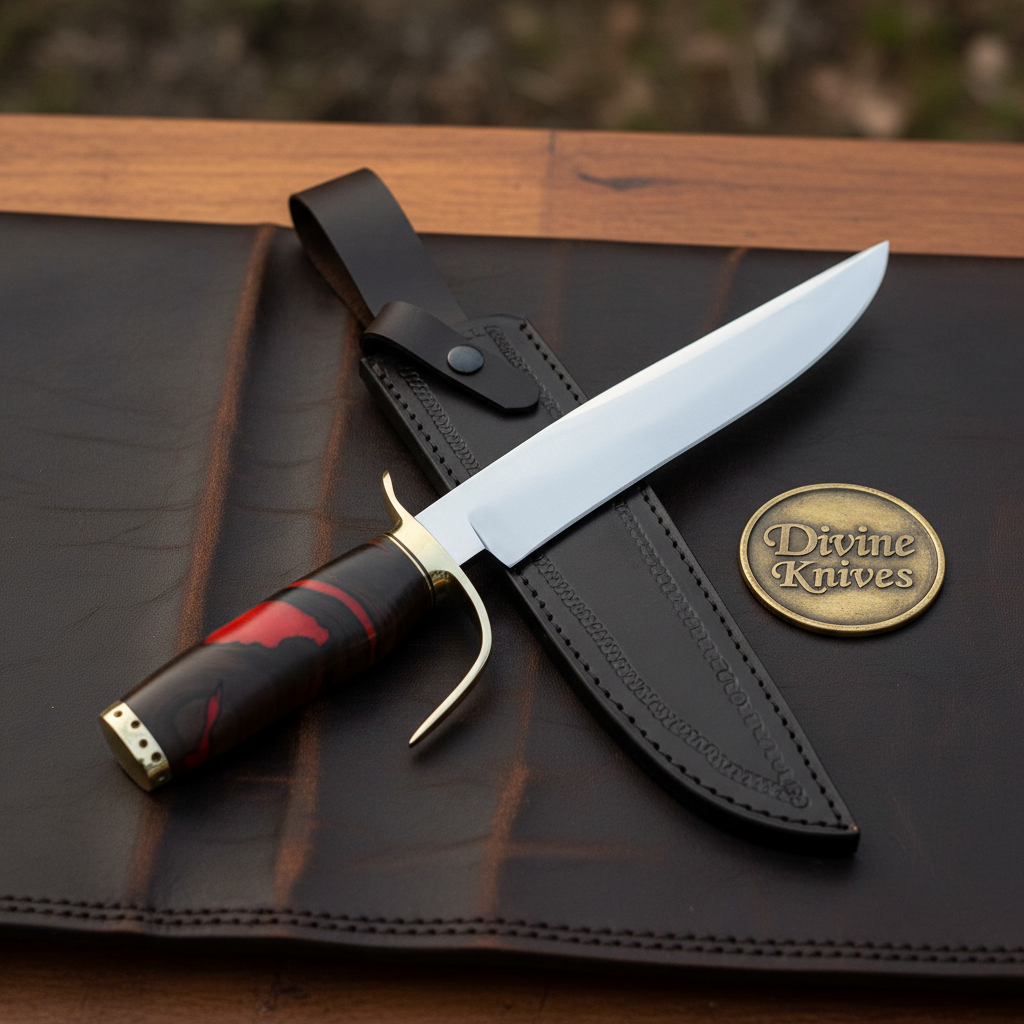 Red Micarta Handle Bowie Knife with Polished Drop Point Blade and Tooled Black Sheath by Divine Knives — product view 1