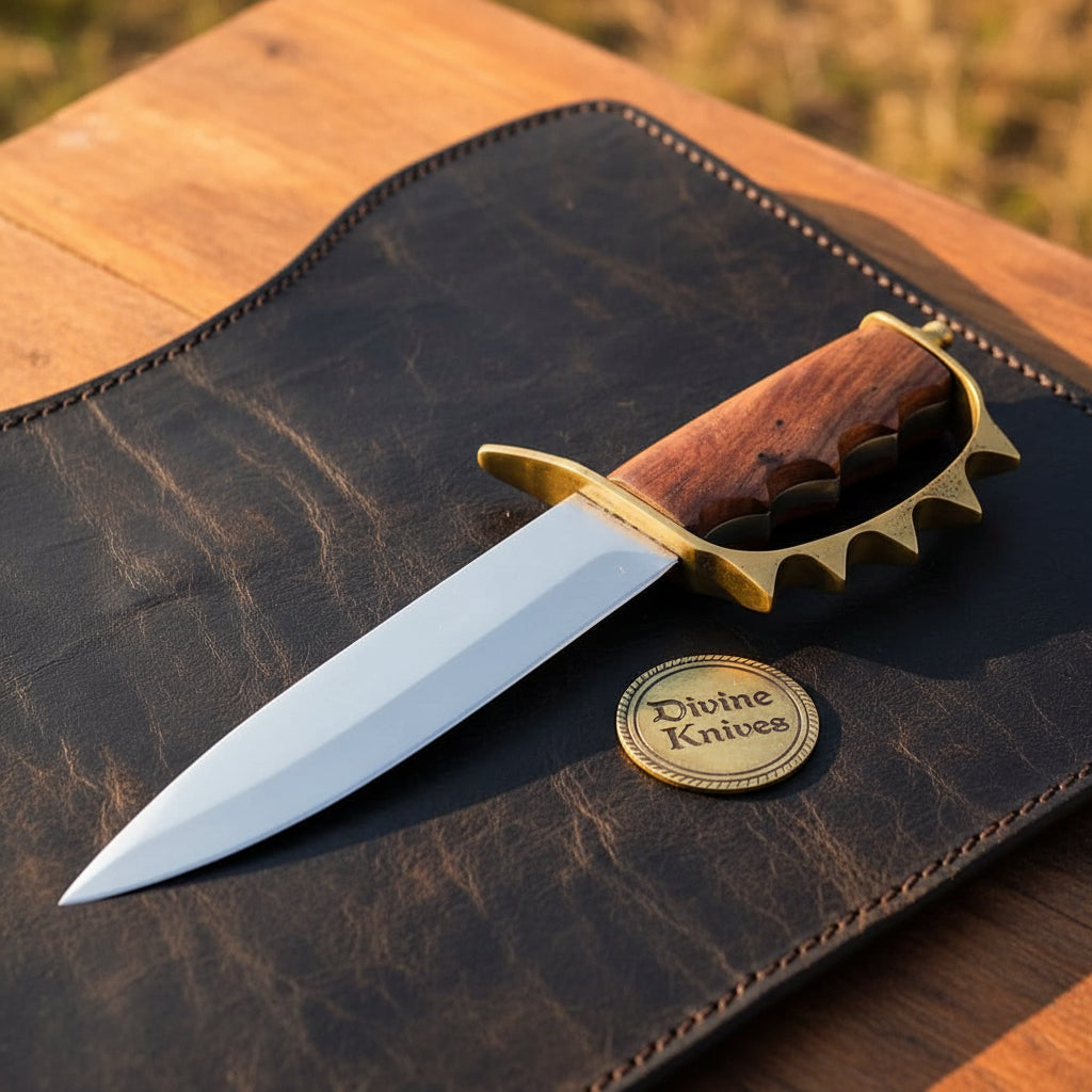 Knuckle Guard Dagger Knife with Rosewood Finger Groove Grip and Two Tone Leather Sheath by Divine Knives — product view 2