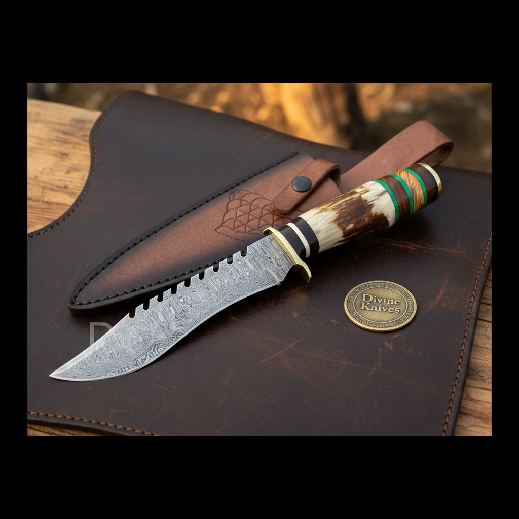 Staghorn Damascus Sawback Survival Bowie with Notched Spine for Field Work by Divine Knives — product view 2