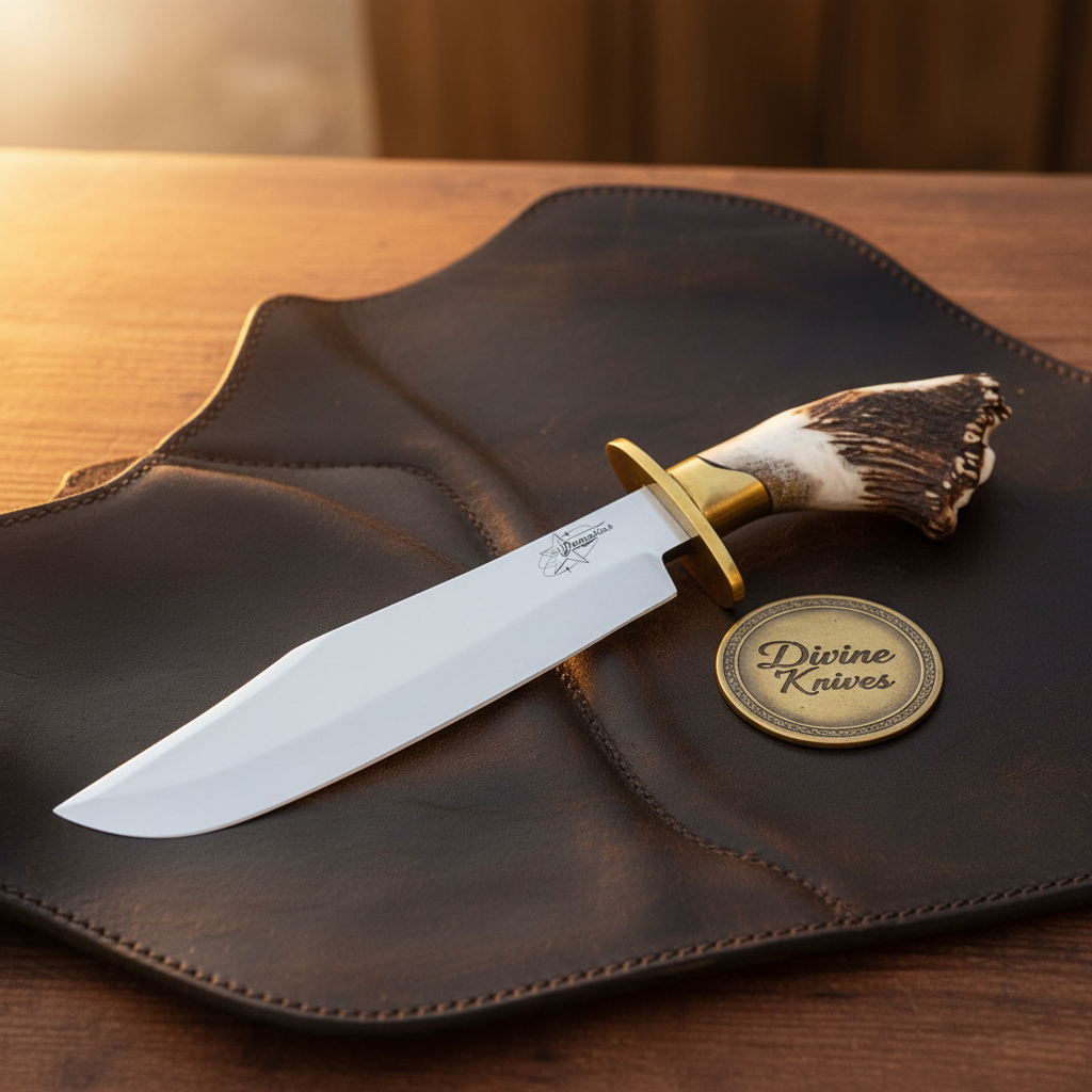 Crown Antler D2 Steel Brass Clip-Point Bowie with Dog-Leg style Handle by Divine Knives — product view 2