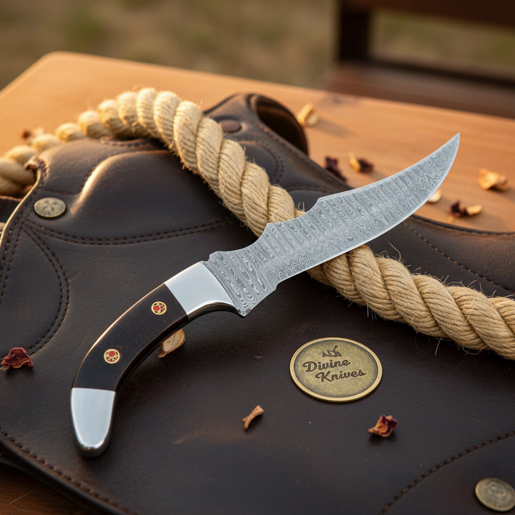 Buffalo Horn Skinner Knife with Upswept Forged Blade and Polished Steel Bolsters by Divine Knives — product view 1